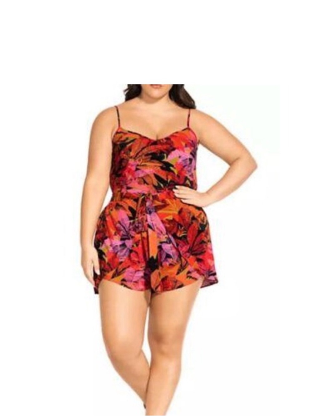 City Chic Floral Romper Size Small Red Pink Leaf Print Tie Waist Plus Friendly